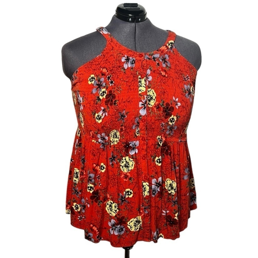 Torrid Babydoll Rayon Crepe Smocked Tank Top Red Floral Plus (Size 2)